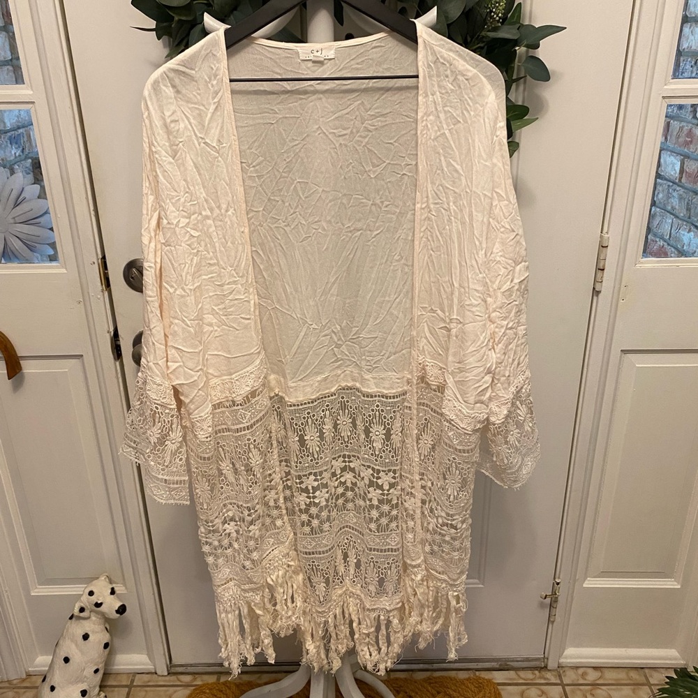 c + j collection Boho Lace Crochet Trim Open Front Longline Kimono Coverup L